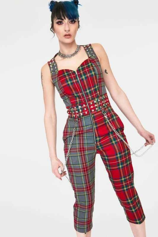 New Gothic Punk Pretty Vacant Overalls Capri Fitted Overall Dungaree Jumpsuit