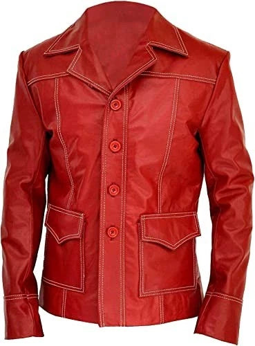 Brad Pitt Red Leather Jacket Tyler Durden Fight Club Real FC Style Coat for Men