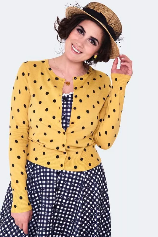 Women Retro YELLOW POLKA DOT CARDIGAN Vintage Style Cardigan