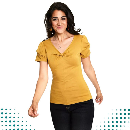 Rhiannon Mustard Retro Bow Vintage Style V-Neck Top