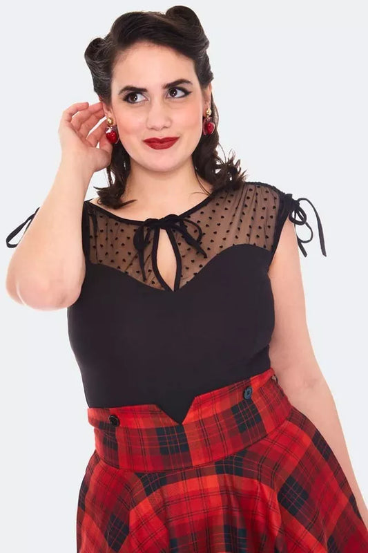 Retro Heart Patterned Vintage Style Mesh Sleeveless Top