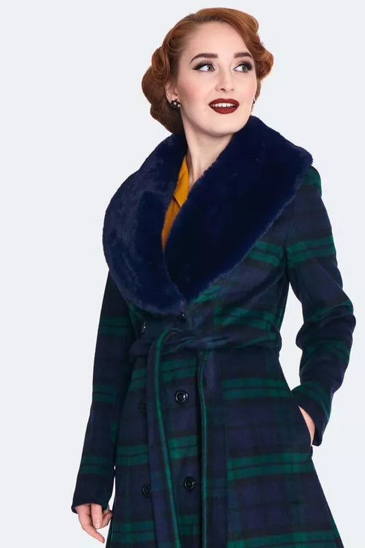 Women Retro Tartan Flare Coat with Fur Collar Vintage Style Fashion