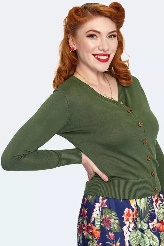 Women Retro Wooden Button Cardigan In Green Vintage Style Cardigan