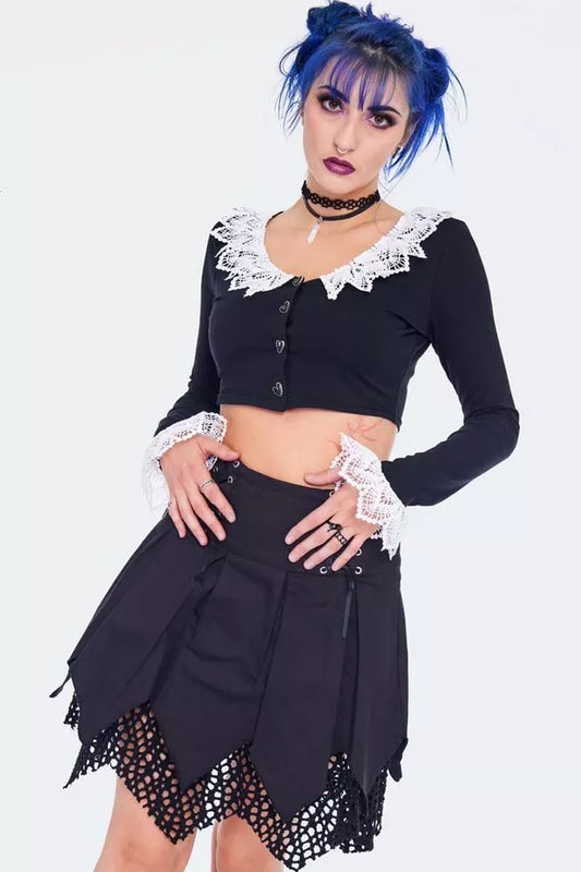Alternative Style Long Sleeve Gothic Crop Top With Lace Trim Punk