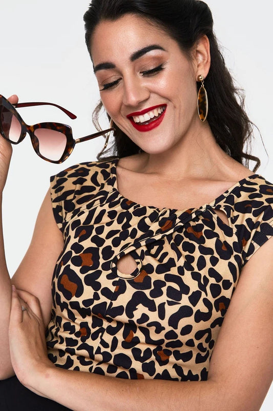 Vintage Style Maddie Leopard Retro Print Keyhole Top