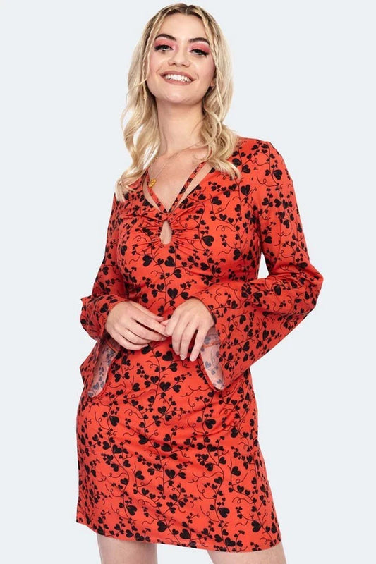 1960s Women Retro Bleeding Hearts Print Flare Sleeve Mini Vintage Style Dress