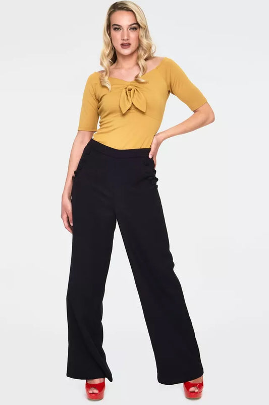 V Neck Retro Style Women Top Anika Mustard Tie Front Pullover Top