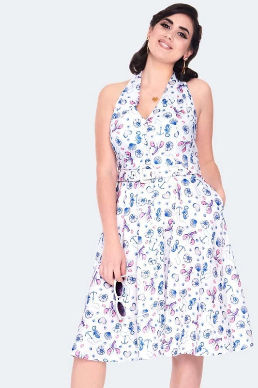 WOMEN RETRO SEA PRINT HALTER NECK FLARE VINTAGE STYLE DRESS