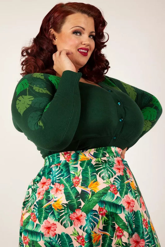 Curve Ivy Green Leaf Print Retro Vintage style Cardigan