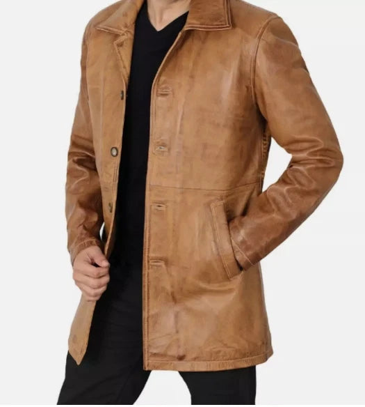 Genuine Leather Mens Camel 3/4 Length Car Winter Coat for Men - Mens Trench Coat