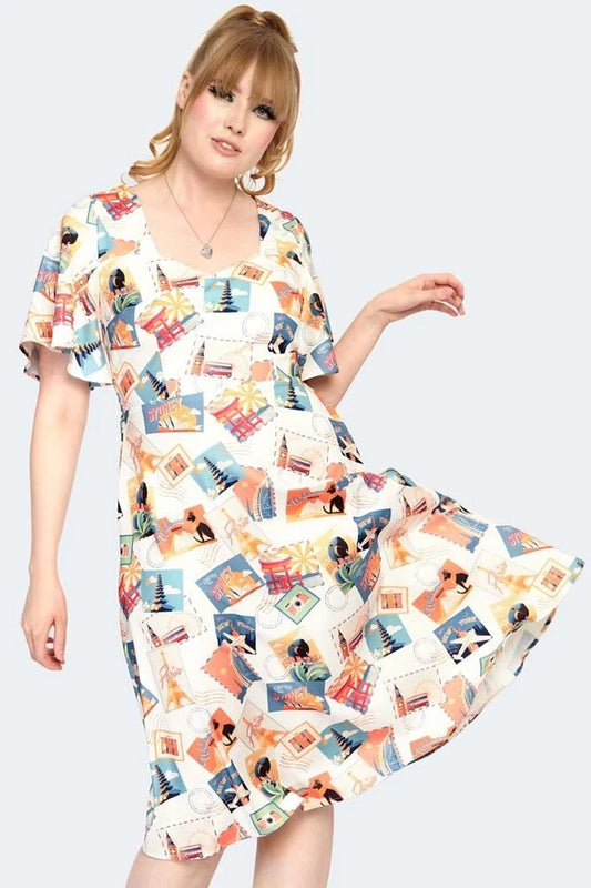 Women Retro Postcard Print Midi Vintage Style Dress