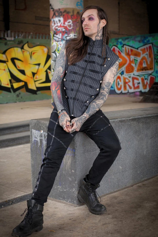 Black Gothic Punk Style Trousers With Leather Trimmed