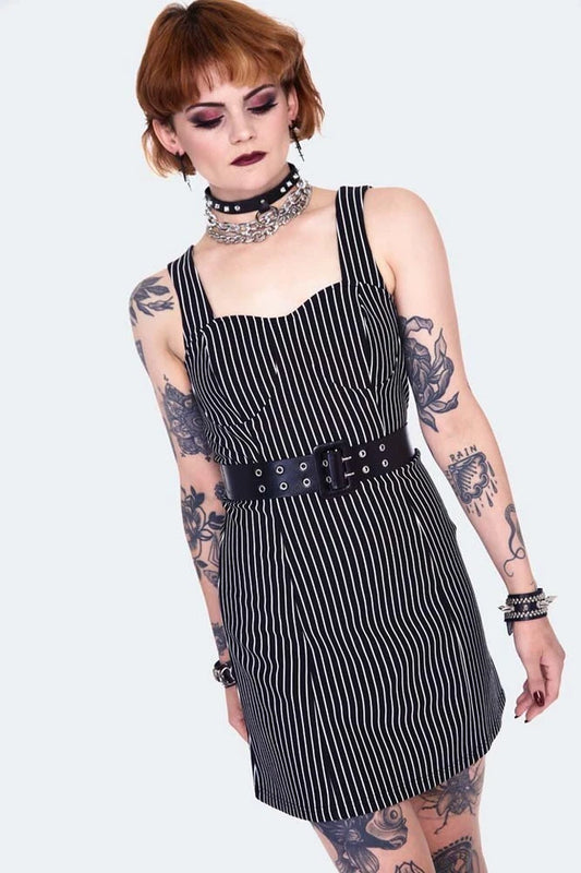 Gothic Pinstripe bodycre dress with waist belt Alternative Style