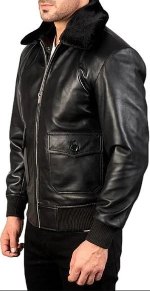 Men's Classic Aviator Style Black Faux Fur Collar Real Leather Bomber Jacket