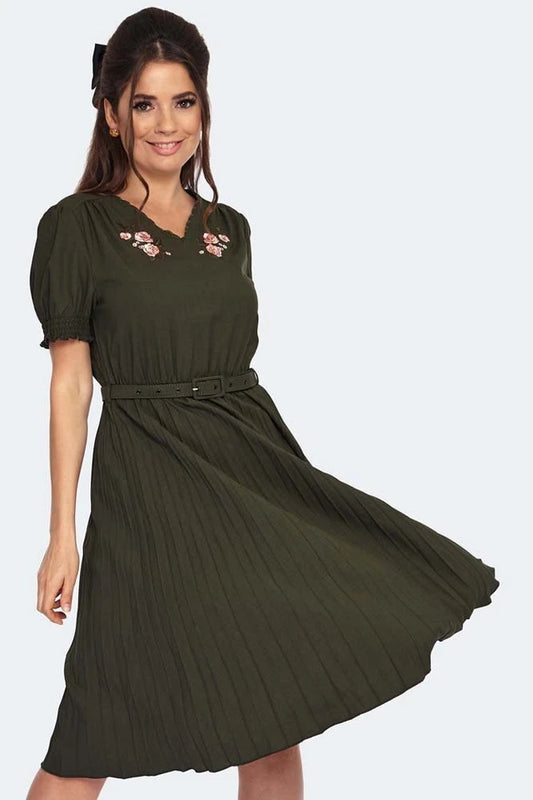 RETRO VINTAGE STYLE FLORAL PLEATED FLARE DRESS