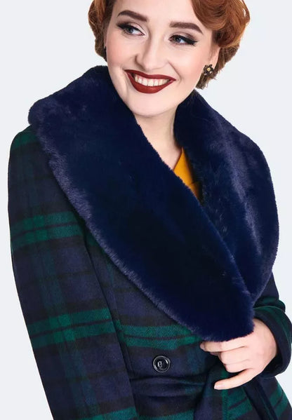 Women Retro Tartan Flare Coat with Fur Collar Vintage Style Fashion