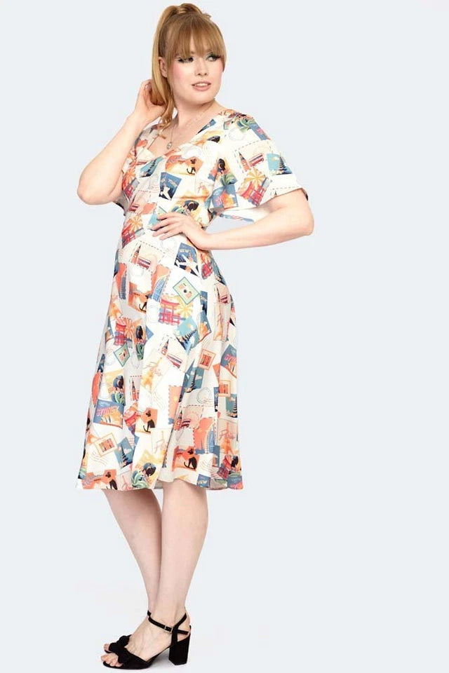 Women Retro Postcard Print Midi Vintage Style Dress