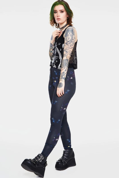 Ladies New Gothic Punk Salem Leggings Alternative Chic Cat Print