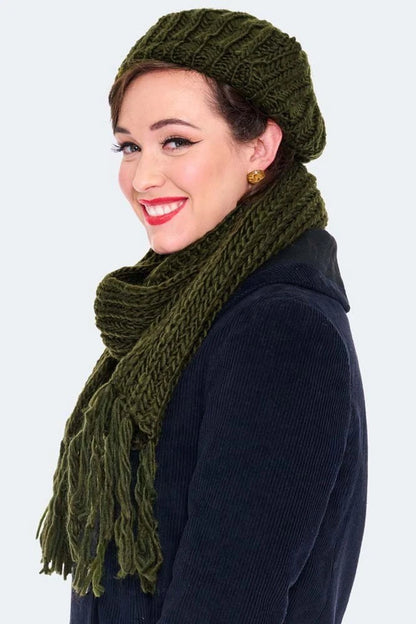 Retro Lana Green Beret & Scarf Set Vintage style