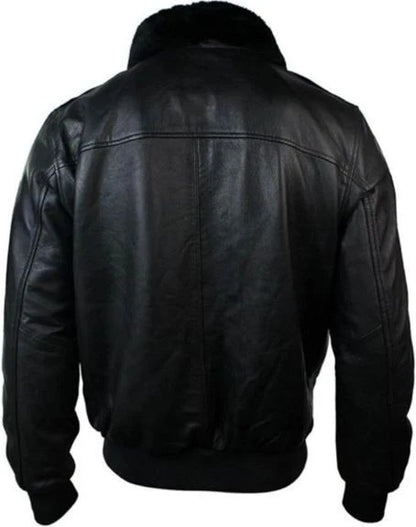 Mens G1 Faux Fur Collar Navy Force Bomber Black Leather Classic Vintage Jacket