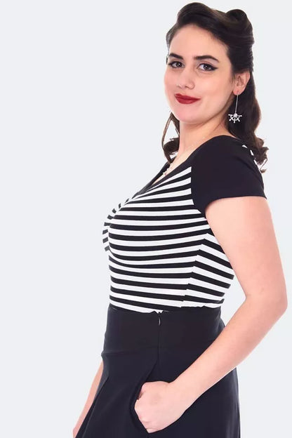 Vintage Style Striped Short Sleeve Retro Low Neck Top
