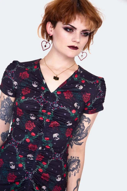 Skull and roses print midi Gothic Alternative Style dress