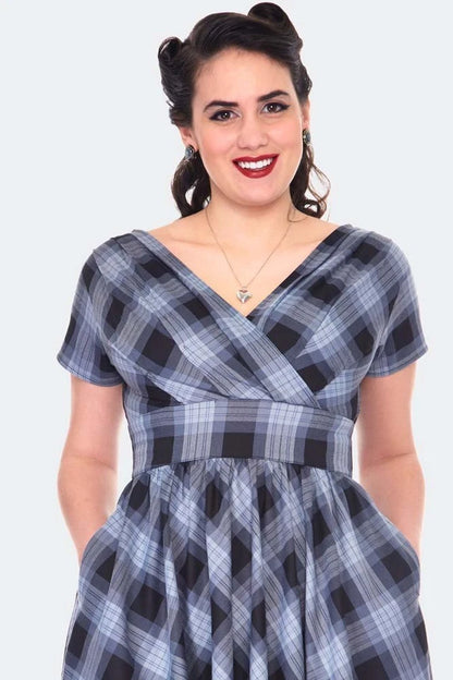 GREY RETRO CHECKED FLARE VINTAGE STYLE DRESS