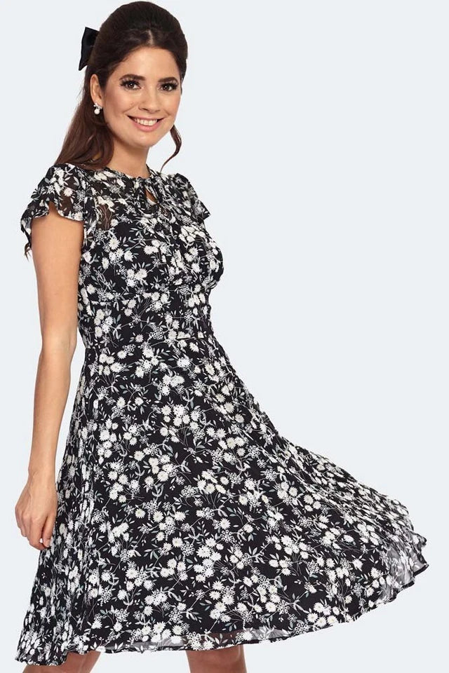 Floral Embroidery Chiffon Flutter Sleeve Retro Vintage Style Flare Dress
