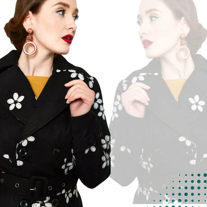 Women Retro Floral Flocked Double Breasted Coat Vintage Style Fashion