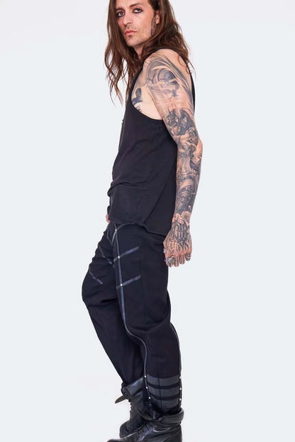 Black Gothic Punk Style Trousers With Leather Trimmed