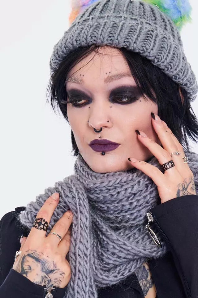 Rainbow Gothic AlternativeStyle Pom Pom Scarf & Hat Set In Grey