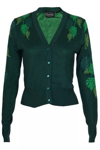 Curve Ivy Green Leaf Print Retro Vintage style Cardigan