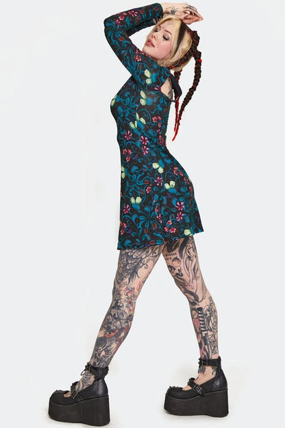 Gothic Venus Flytrap Print Mini Punk Style Dress