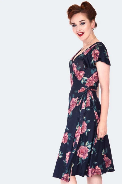 Dark floral flutter sleeve wrap Retro Vintage Style dress
