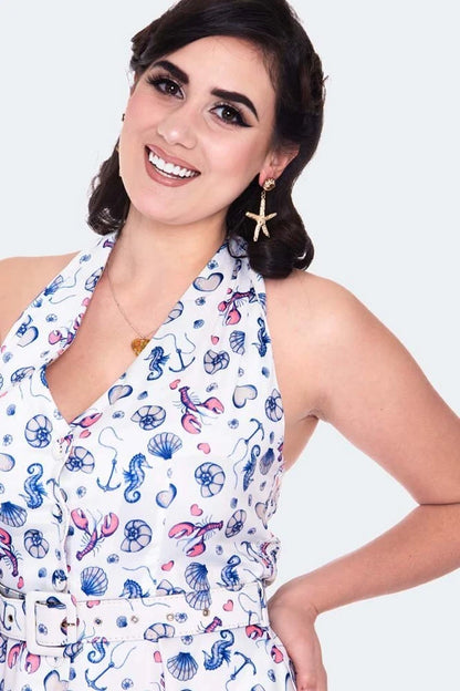 CURVE SEA PRINT HALTER NECK FLARE RETRO VINTAGE STYLE DRESS
