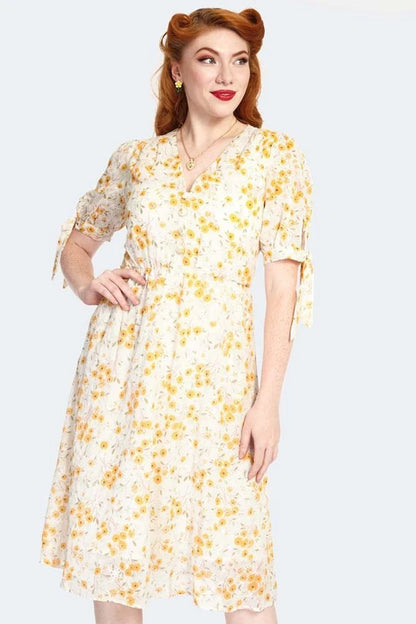 Retro Vintage Style Tie Sleeve Floral Pattern Flare Dress