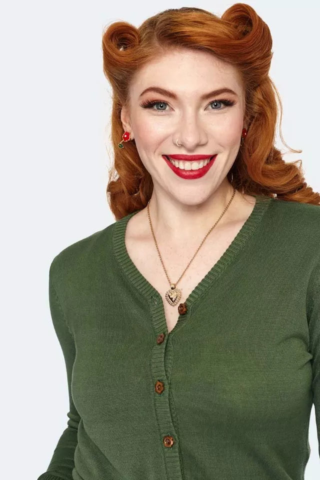 Women Retro Wooden Button Cardigan In Green Vintage Style Cardigan