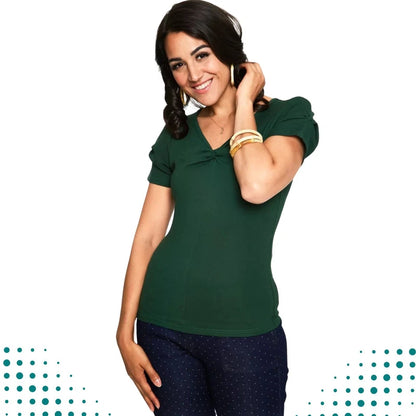 Curve Retro Rhiannon Green Bow V-Neck Vintage Style Top