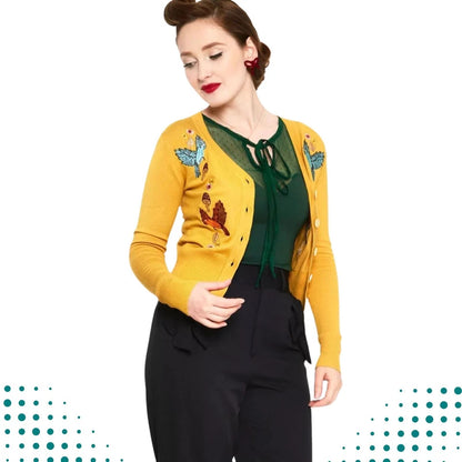 Women Retro YELLOW WOODLAND EMBROIDERED CARDIGAN Vintage Style Cardigan