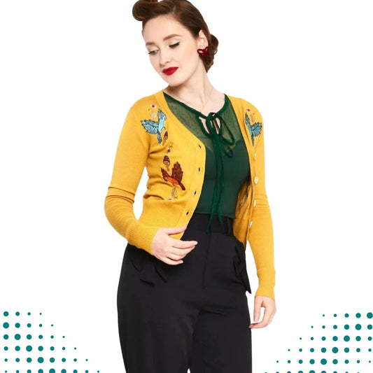 Women Retro YELLOW WOODLAND EMBROIDERED CARDIGAN Vintage Style Cardigan