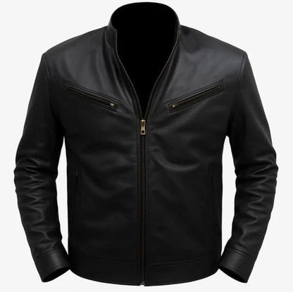 Men's Cafe Racer Black Slim Fit Genuine Leather Motorcycle Biker Style Jacket