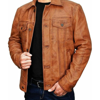 Men's Brown Tan Brown Leather Jacket Vintage Motorcycle Leather Jacket