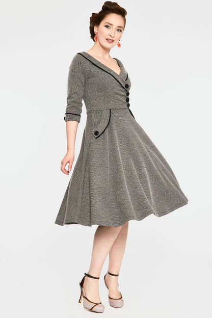 Marica Herringbone Retro Vintage Style Flared Dress