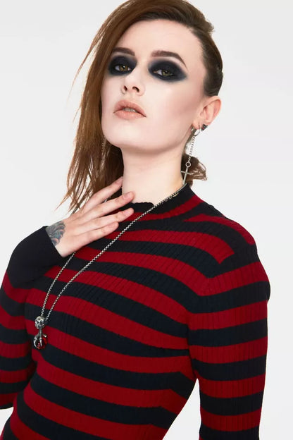 Gothic Menace Red and Black Stripe Alternative Style Fashion Sweater