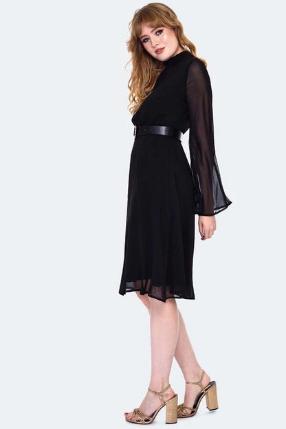 1960s Sheer Layer Retro Belted Vintage Style Flare Dress