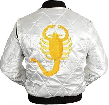 DRIVE Jacket Scorpion White Bomber Satin Quilted Ryan Gosling Costume Outerwear