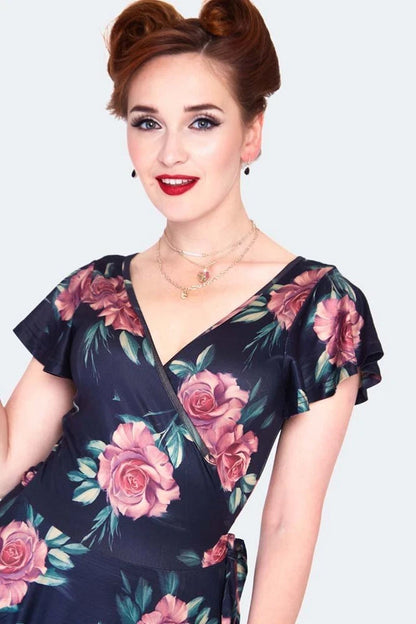 Dark floral flutter sleeve wrap Retro Vintage Style dress