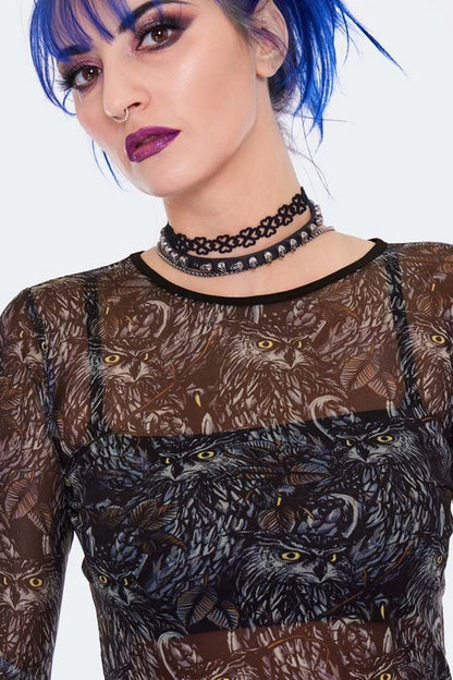 Gothic Night Owl Long Sleeve Mesh Top Punk Alternative Fashion Cropped Top