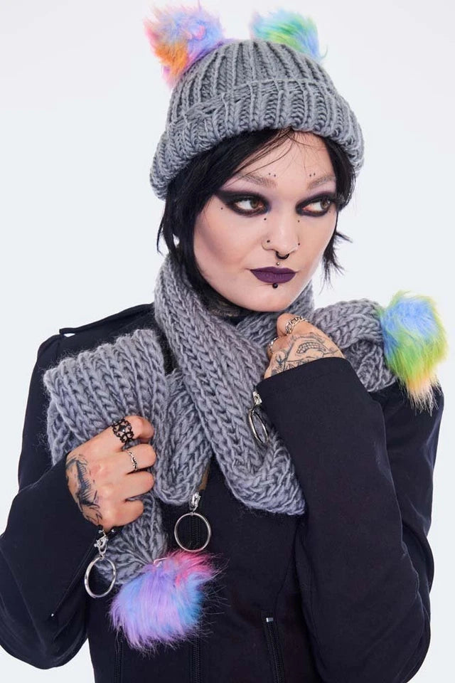 Rainbow Gothic AlternativeStyle Pom Pom Scarf & Hat Set In Grey