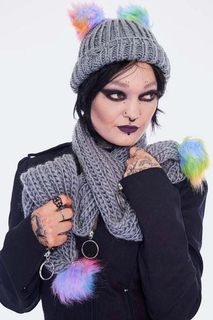 Rainbow Gothic AlternativeStyle Pom Pom Scarf & Hat Set In Grey